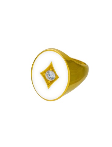 Кольцо Печатка, серебро 925, позолота 18k, белая эмаль