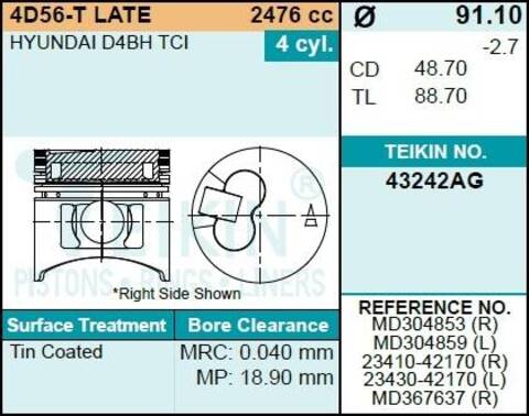 Поршень двигателя TEIKIN 43242AG STD (4шт/упак)
