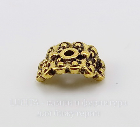 Шапочка для бусины "Старинная" для плоской бусины/кулона (цвет - античное золото) 10х8 мм, 10 штук