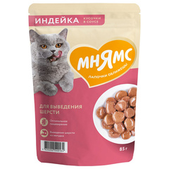 Влажный корм для кошек Мнямс на каждый день кусочки в соусе с индейкой для выведения шерсти 85г 24 шт