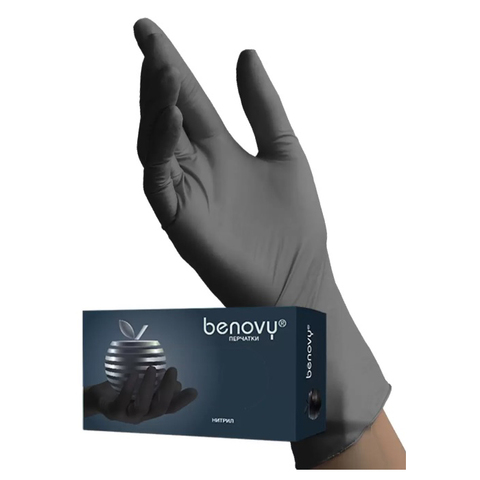 Перчатки Benovy р.XS (50 пар) нитриловые Черные тестурированные на пальцах