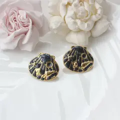 Серьги пусеты Ракушки с эмалью, чёрный, 22*25 мм, сталь, позолота, СГ036
