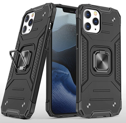 Противоударный чехол для iPhone 12 / 12 Pro черный с пластиной для магнитного автодержателя и кольцом подставкой