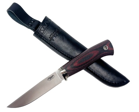 Нож Норт Эксперт, N690, микарта красно-черная насечка, гарда мельхиор, 349.5354