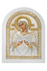 Икона Семистрельной Божией Матери (175х225 мм, Оклад из белого дерева (бук/граб)) — шелкография на сусальном золоте