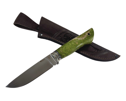 Нож Соболь, Bohler K340, рукоять кап клёна, зеленый, литье мельхиор
