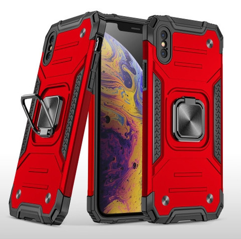 Противоударный чехол для iPhone X / XS красный с пластиной для магнитного автодержателя и кольцом подставкой