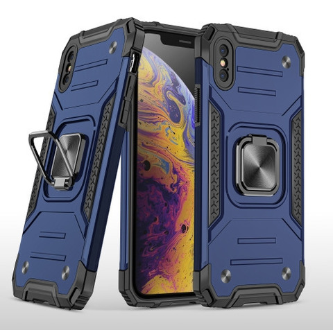 Противоударный чехол для iPhone X / XS синий с пластиной для магнитного автодержателя и кольцом подставкой