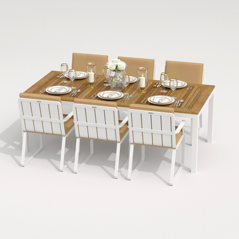 Обеденная группа Ideal Patio ТЕЛЛА  АЛЬБА  каркас белый, стол тик 220, ткань бежевая