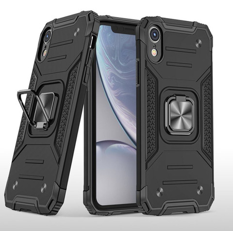 Противоударный чехол для iPhone XR черный с пластиной для магнитного автодержателя и кольцом подставкой