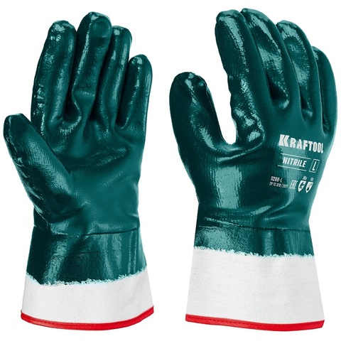 KRAFTOOL HYKRAFT Heavy Duty - особопрочные, L (9), с крагой, нитриловое покрытие, высокая защита от нефтепродуктов, перчатки (11288-L)