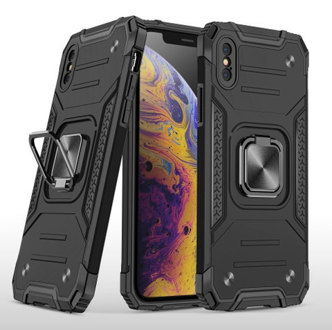Противоударный чехол для iPhone XS Max черный с пластиной для магнитного автодержателя и кольцом подставкой