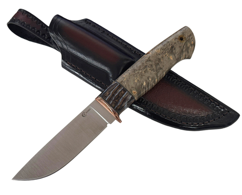 Нож Егерь, Bohler S390, макумэ ганэ, зуб мамонта, стабил.кап клёна, формованные ножны