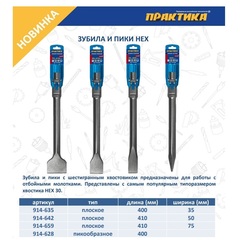 Зубило HEX плоское ПРАКТИКА 30x410x50mm серия Эксперт (914-642)