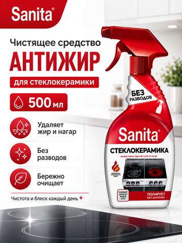 Чистящее средство для стеклокерамики Sanita Антижир 500мл