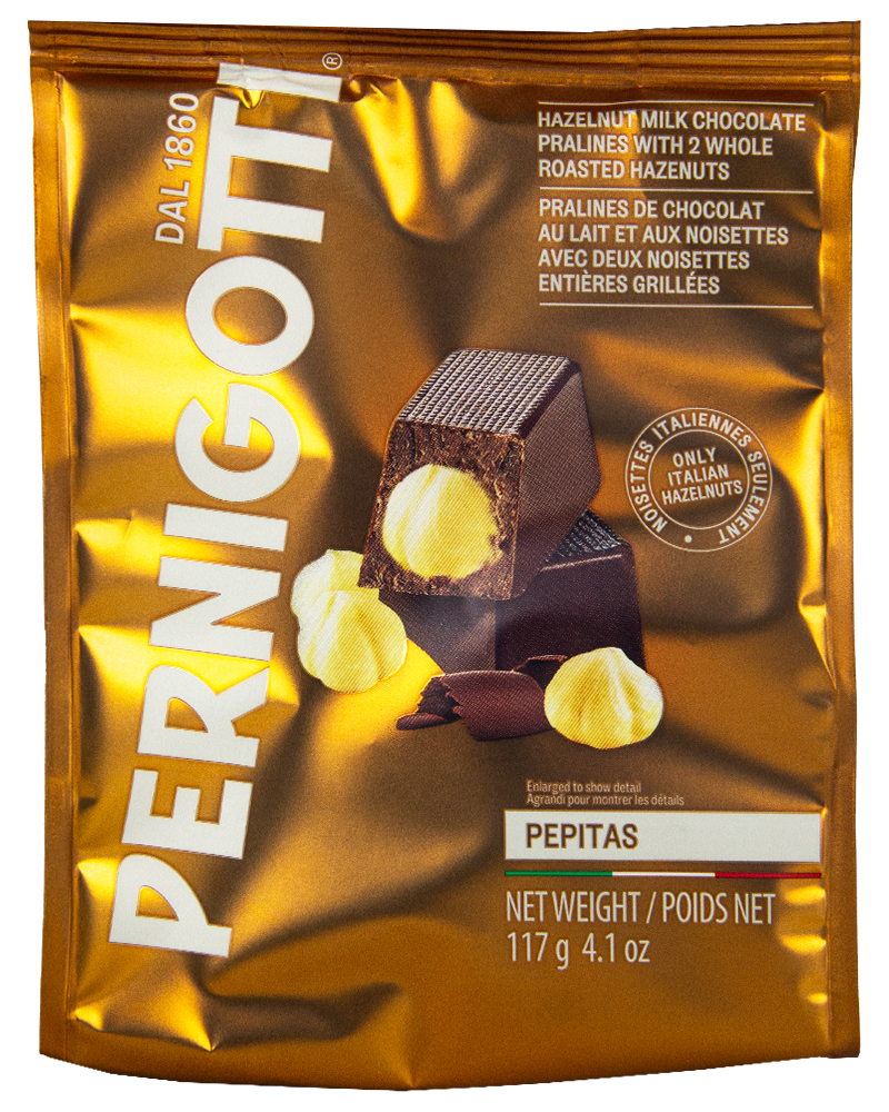 Конфеты Pernigotti из молочного шоколада c пастой Gianduia и цельным фундуком Pepitas 117г