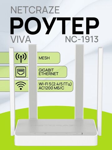 Wi-Fi роутер Netcraze Viva NC-1913 маршрутизатор / Гигабитный интернет-центр с двухдиапазонным Mesh Wi-Fi AC1200 и портом USB