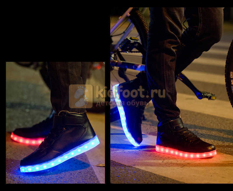 Светящиеся высокие кроссовки с USB зарядкой Fashion (Фэшн) на шнурках и липучках, цвет черный, светится вся подошва