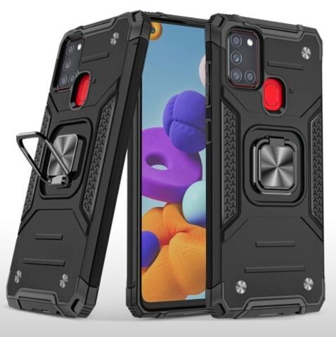 Противоударный чехол для Samsung Galaxy A21s черный с пластиной для магнитного автодержателя и кольцом подставкой / чехол для Самсунг Галакси А21c