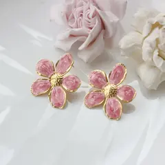 Серьги пусеты Цветы с эмалью, розовый, 32 мм, сталь, позолота, СГ033