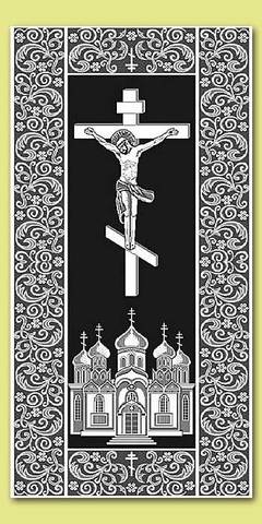 Покрывало в гроб православное, тюлевое, 215х110, Распятие, Храм, Рамка с узором
