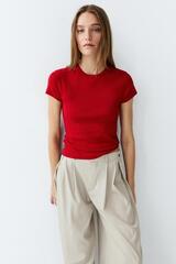 Massimo Dutti Футболка с коротким рукавом из смесовой хлопковой ткани, красный