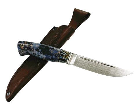 Финский нож Пуукко, Bohler S390, мельхиор, зуб мамонта, кап.клена