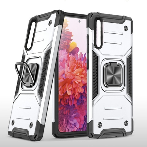 Противоударный чехол для Samsung Galaxy A50 A505 / A50s / A30s серебро с пластиной для магнитного автодержателя и кольцом подставкой / чехол накладка для телефона Самсунг Галакси А50 А505 / А50с / А30с трансформируется в подставку / чехол с держателем на