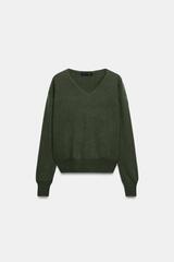 ZARA СВИТЕР ИЗ МЯГКОЙ 100% ШЕРСТИ С V-ОБРАЗНЫМ ВЫРЕЗОМ, ЗЕЛЕНОВАТЫЙ