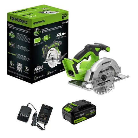 Дисковая пила акк. Greenworks GD24CS165, 24V,б/щет,165х20мм, 4800 об/мин, рез 57мм,1х5Ач,ЗУ,кор (1501607CUG)