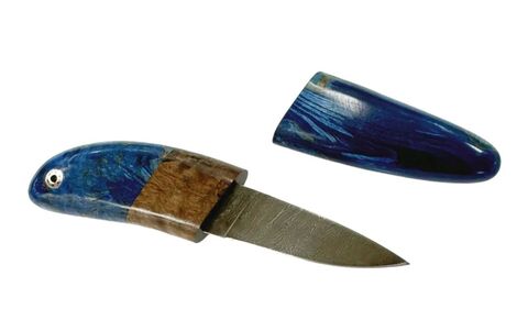 Шейный нож в деревянных ножнах, дамаск, стаб.карельская береза, синий