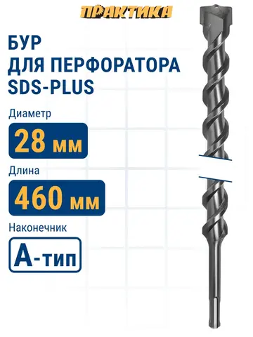 Бур SDS-plus ПРАКТИКА 28 х 400/460 мм серия Профи по бетону (038-159)
