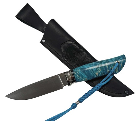 Нож Соболь, Bohler K340, рукоять кап клёна, голубой, литье мельхиор