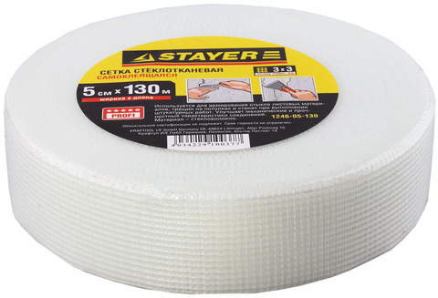 STAYER FIBER-Tape, 5 см х 130 м, 3 х 3 мм, самоклеящаяся серпянка, Professional (1246-05-130)