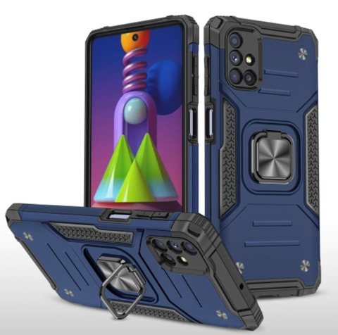 Противоударный чехол для Samsung Galaxy M51 M515 синий с пластиной для магнитного автодержателя и кольцом подставкой