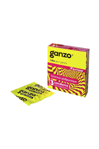 Презервативы Ganzo, extase, латекс, точечные, ребристые, анатомичные, 18 см, 5,2 см, 3 шт.