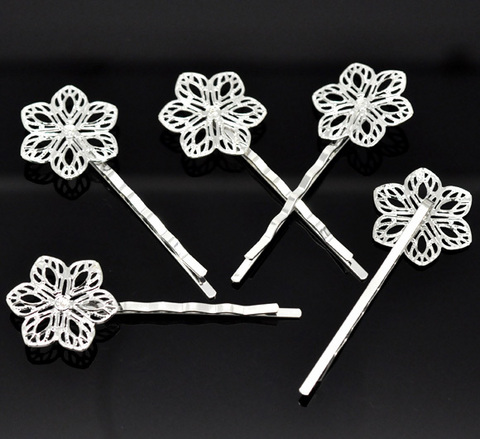 Основа для заколки - невидимки с филигранным цветком 23 мм, 61 мм (цвет - серебро) ()