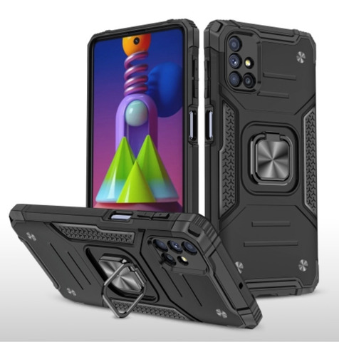 Противоударный чехол для Samsung Galaxy M51 M515 черный с пластиной для магнитного автодержателя и кольцом подставкой