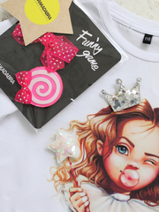 Футболка BUBBLE GUM PRINCESS с 4-я липучками: КОРОНА, БАНТИК, ЛЕДЕНЕЦ, СЕРДЦЕ или ЗВЕЗДОЧКА.