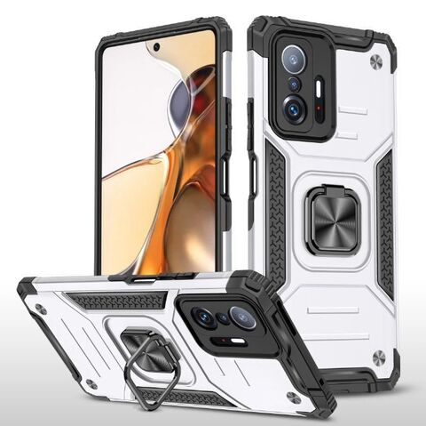 Противоударный чехол для Xiaomi 11T, 11T Pro серебро с пластиной для магнитного автодержателя и кольцом подставкой, чехол на Сяоми