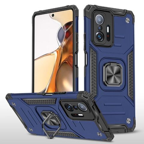 Противоударный чехол для Xiaomi 11T, 11T Pro синий с пластиной для магнитного автодержателя и кольцом подставкой, чехол на Сяоми