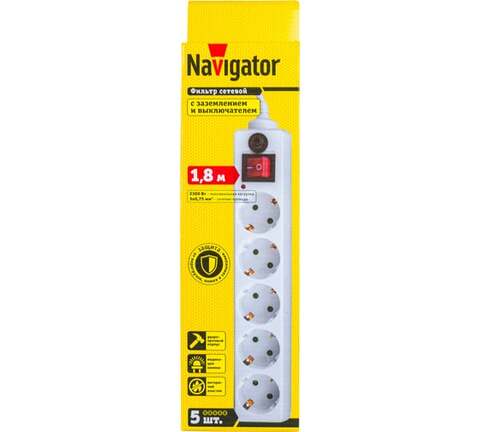 Сетевой фильтр, удлинитель Navigator  NSP-05-180-ESC-3x0.75 кабель 1,8м, 5 розеток, заземление, выключатель, защитные шторки, ПВС 3×0.75мм², 10А, макс. нагрузка 2300Вт, IP20, сетевой фильтр, белый, защита от импульсных помех, КЗ и перегрузки - купить в компании MAKtorg