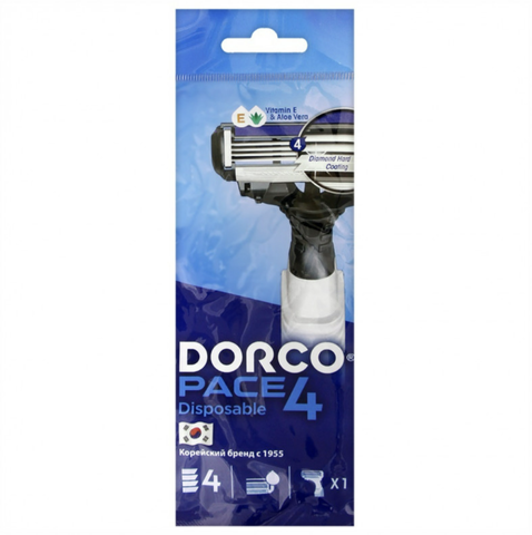 DORCO PACE4 одноразовый станок премиум класса с правающей головкой. 4 лезвия, увлажняющая полоска, прорезиненная ручка