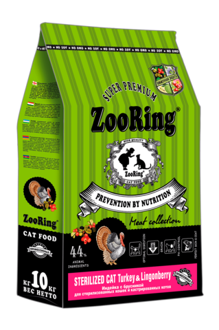 Сухой корм ZOORING STERILIZED CAT TURKEY & LINGONBERRY для взрослых кастрированных котов и стерилизованных кошек с индейкой и брусникой (10 кг)