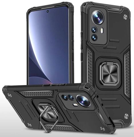 Противоударный чехол для Xiaomi 12 / 12X черный с пластиной для магнитного автодержателя и кольцом подставкой / чехол для Сяоми 12 / 12х