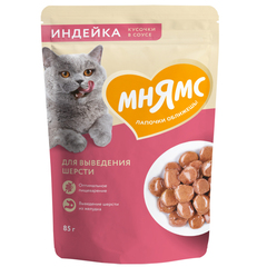 Мнямс влажный корм для выведения шерсти у кошек кусочки в соусе с индейкой 85 гр