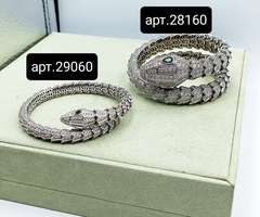 28160- Браслет Змея-SERPENTI с зелёными глазами двойной white VGOLD с цирконами (lux)