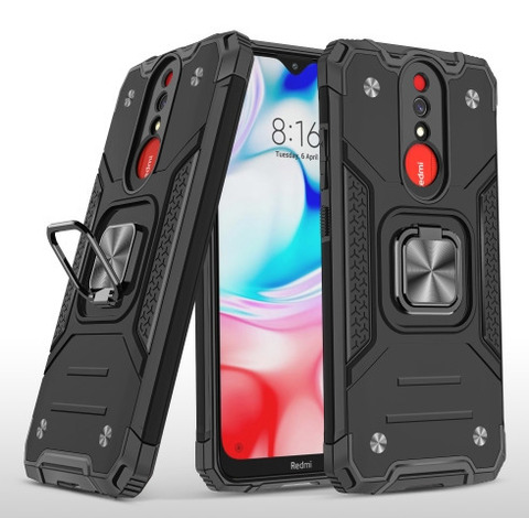 Противоударный чехол для Xiaomi Redmi 8 черный с пластиной для магнитного автодержателя и кольцом подставкой / чехол накладка для телефона Сяоми Редми 8 трансформируется в подставку / чехол с держателем на палец