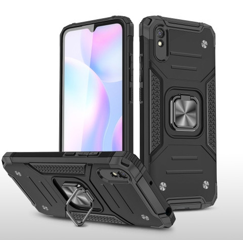 Противоударный чехол для Xiaomi Redmi 9A черный с пластиной для магнитного автодержателя и кольцом подставкой / чехол накладка для телефона Сяоми Редми 9А трансформируется в подставку / чехол с держателем на палец