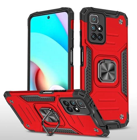 Противоударный чехол для Xiaomi Redmi 10 красный с пластиной для магнитного автодержателя и кольцом подставкой